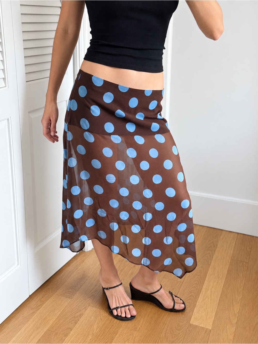 Zara Brown Satin Midi Skirt with Light Blue Polka Dots